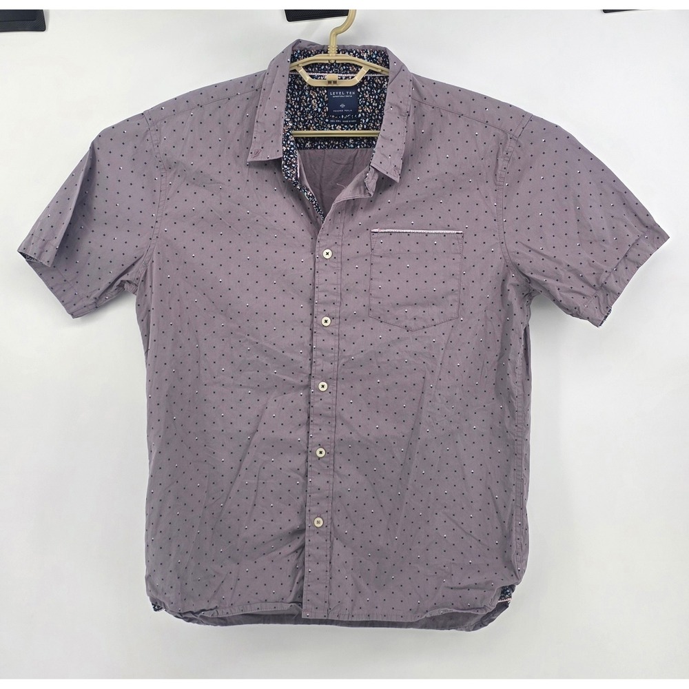 Level Ten Mens Size Large Short Sleeve Peached Poplin Button Down Purple Shirt